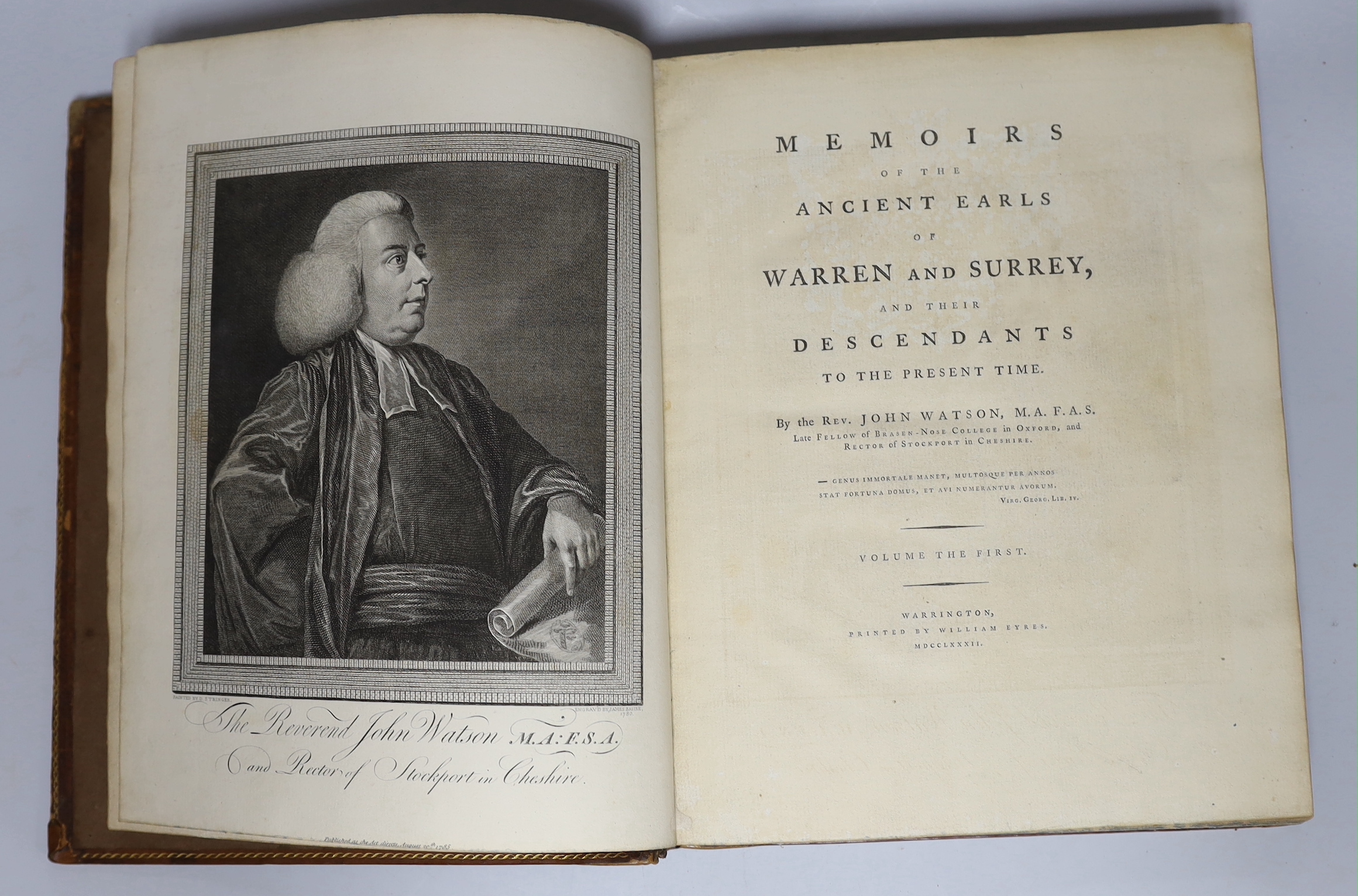 LEWES AND SURREY -Watson, Rev. John - Memoirs of the Ancient Earls of Warren and Surrey and their Descendants to the Present Time, 2 vols, 1st published edition, 4to, diced calf rebacked, engraved portrait frontispiece,